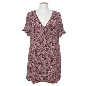 Polly Womens Dress 10 Burgundy Red Ditsy Floral Button Front Mini Boho Cottage
